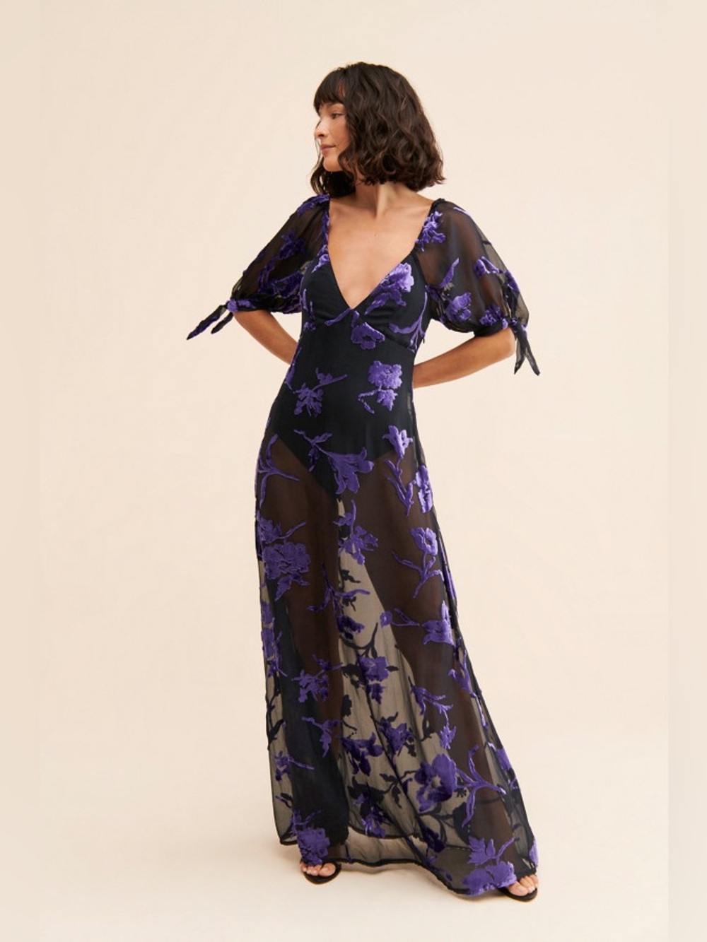 Free People Dahlia Black Purple Floral Burnout Witchy Dress Maxi Gown sz M